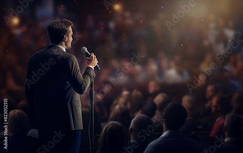 Faceless male speaker holding microphone speaking on stage, back view