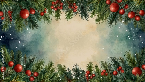 hand written Merry Christmas on pine leafs star light wreath frame. Watercolor illustration