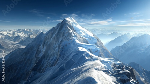 A mountain peak with glaciers and crevasses, under the midday sun casting deep shadows that define the rugged terrain. 32k, full ultra hd, high resolution