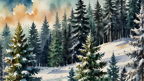 watercolor forest illustration, winter trees, Christmas nature, holiday background, conifer, snow, outdoor, snowy rural landscape. Watercolor illustration