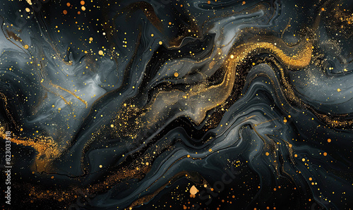 Abstract black and gold design, where delicate gold speckles seem to float over a deep black background, Generate AI