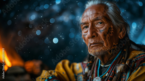 Old Native American Sitting by Campfire - An elderly Native American sitting by a campfire, with a contemplative expression, in traditional attire, against a starry night sky.