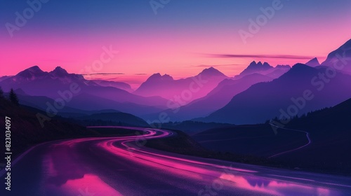 A mountain road at twilight, with the silhouette of mountains against a lavender and pink sky. The road reflects the colors of the twilight sky. 32k, full ultra hd, high resolution