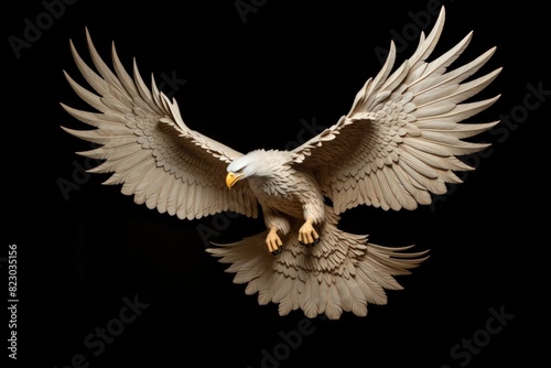 Carved wooden sculpture of a bald eagle in flight