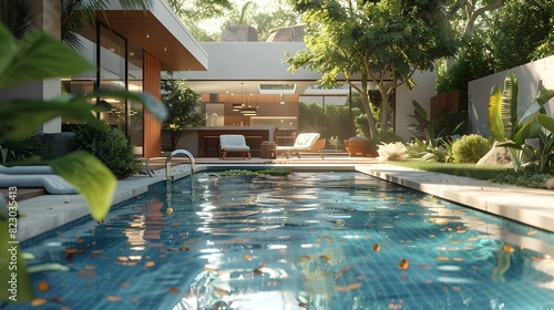 Luxurious backyard with a swimming pool and modern house at sunset, reflecting an affluent lifestyle. 