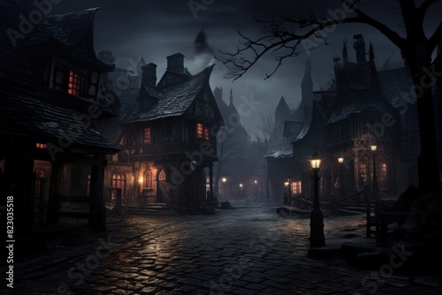 A dark, eerie scene of a town at night with houses and a church