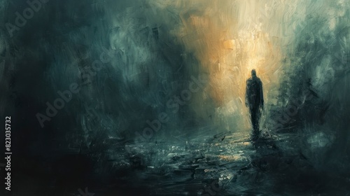 Abstract art depicting a haunted figure, dark tones with eerie lighting, great for a creative space or horrorthemed room, capturing a sense of mystery, fear, and the supernatural