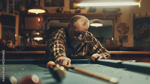 At the pool table, a man is playing billiards, carefully lining up his shot and aiming for the perfect break