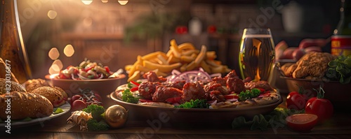A delicious spread of various foods including fries, salad, and roasted meats, beautifully presented on a rustic wooden table.