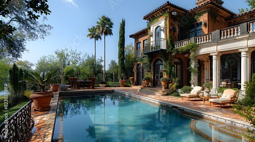 Luxurious mansion with a stunning outdoor pool surrounded by lush greenery under a clear blue sky.