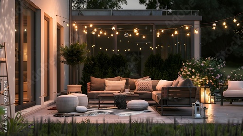 Cozy backyard evening set up with stylish outdoor furniture and decorative lights, perfect for relaxation and entertaining guests 