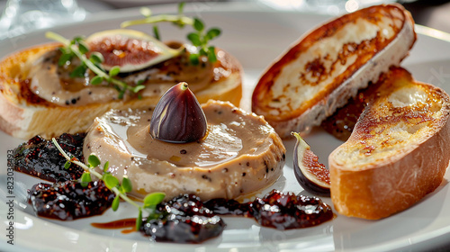 A plate of creamy foie gras p??t?(C) served with toasted brioche and a sweet fig jam, creating a luxurious and indulgent appetizer.