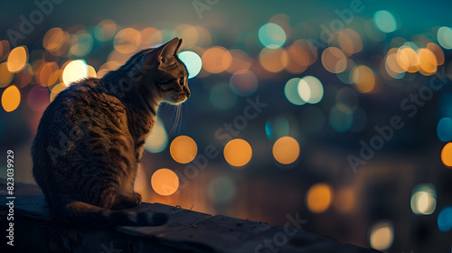 Cute cat portrait over a roof with bokeh background tree, Generative AI