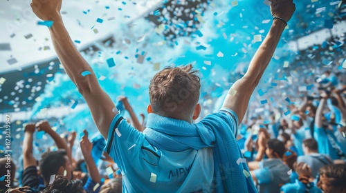 group of Sky Blue football team fans cheer and celebrating a winning tournament or winning league in street. the fans wearing sky blue shirt . Generative AI