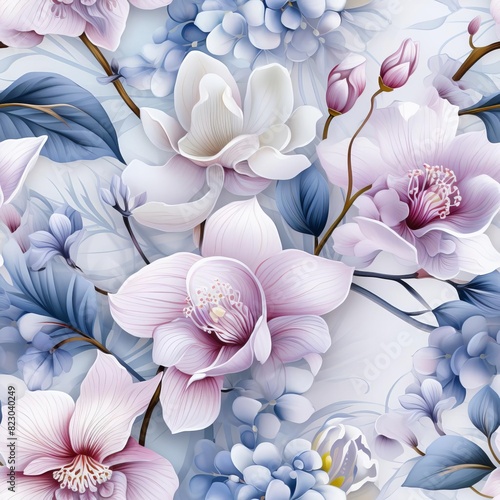 Elegant floral pattern with pastel-colored flowers and leaves, perfect for spring-themed designs and backgrounds.