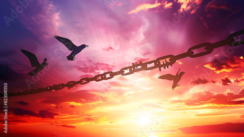 Flying birds and broken chains - Freedom birds with nature on sunset background, concept of hope., Generative AI