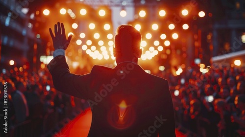 Celebrity A welldressed celebrity waving at fans on a red carpet close up, focus on smile fame realistic, Silhouette, red carpet event