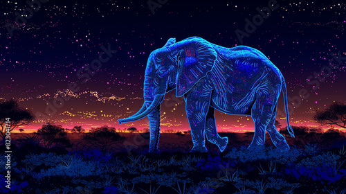 Blue glow elephant silhouette in a nightscape..