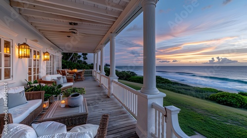 Luxurious beachfront porch with comfortable seating overlooking a serene ocean sunset, ideal for relaxation and leisure themes. 