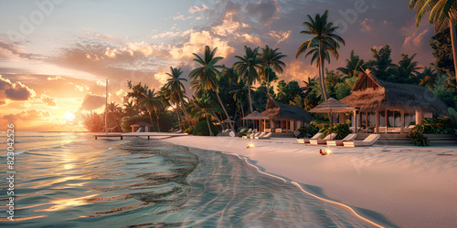  Tropical resort with sunset near beach, A tranquil beach scene with palm trees swaying in the warm summer breeze, and the sun setting over the horizon 