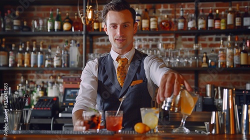Bartender Mixing Cocktails: Behind the bar, a skilled bartender mixes cocktails with flair, shaking, stirring, and garnishing drinks with precision and style 