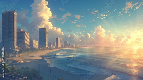 綺麗な砂浜がある都会の風景、空撮14