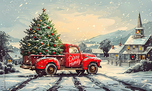 Illustrate a nostalgic Christmas card with a vintage red truck carrying a Christmas tree , Generate AI