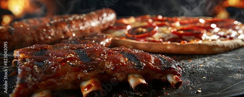 Close-up of BBQ ribs and pepperoni pizza on a grill, featuring smoky and savory textures perfect for a barbecue gathering.
