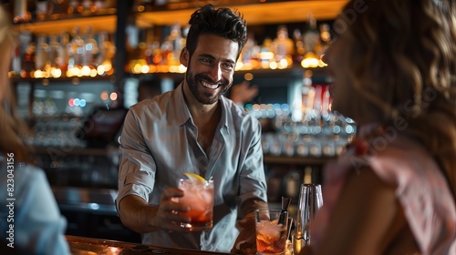 Bartender Serving Customers: A friendly bartender serves customers at a busy bar, engaging in light conversation and making recommendations for popular drinks