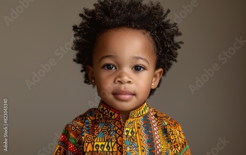 A young child of North African descent wearing a vibrant, multicolored shirt