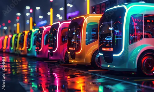 Autonomous vehicle fleet at a charging station, urban setting, vibrant colors, modern design, high resolution,