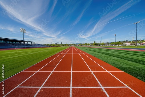 An expansive view of a stadium runway path, Red runway for sports path background