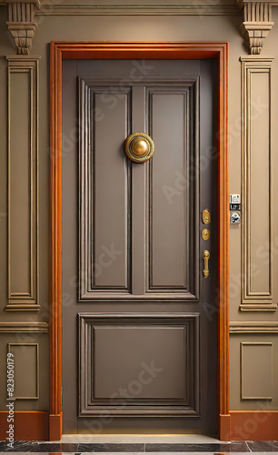 A quality wooden door with a taupe finish and two warm toned moldings for a modern look. Door handle, front door design