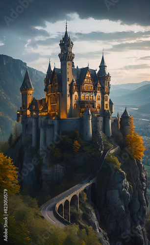 small beautiful castle on a rock above the main road, medieval castle, gothic landmark, background for smartphone