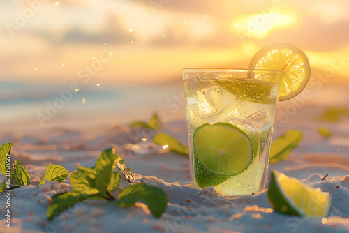 A garnished mojito at the beach during sunset
