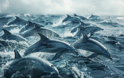 Dolphins gracefully jumping alongside majestic whales close up, marine spectacle, dynamic, composite, open ocean