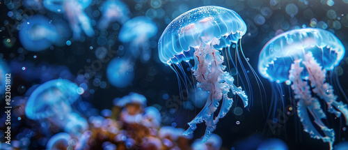 Bioluminescent jellyfish creating a mesmerizing night scene underwater close up, magical depths, realistic, manipulation, deep ocean