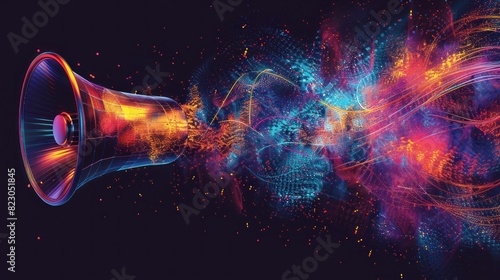 Illustration of a loudspeaker with sound waves radiating out, vibrant and colorful, suitable for a media room or office, symbolizing communication, energy, and the power of voice