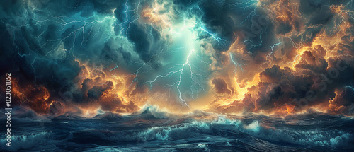 Lightning strikes over a stormy sea with a dramatic sky backdrop close up, fierce weather, realistic, manipulation, raging waters