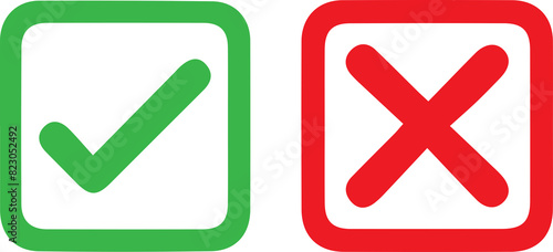 Green checkmark tick and red X icons. 