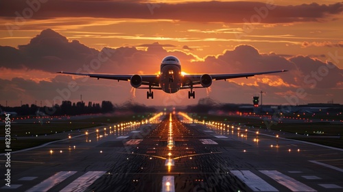 An airplane taking off from the airport runway.