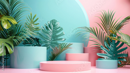 3D illustration of a stage with palm leaves and sunlight, suitable for beauty product displays