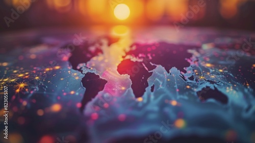 Opening the world map, close up, focus on, copy space, vibrant colors, double exposure silhouette with continents