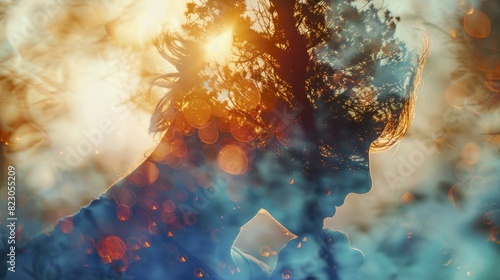 Pat on the shoulder, close up, focus on, copy space, colorful reassurance, double exposure silhouette with comforting hand
