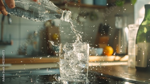 Refreshing Water Pouring into Ice-Filled Tumbler in Modern Kitchen Setting