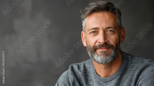  A man with grey hair and beard, dressed in a grey shirt, gazes seriously into the camera
