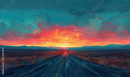 sunset on a straight desert road, with soft pastel colors in the sky and the gentle illumination of the road leading, Generate AI