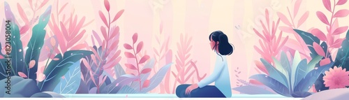 The image is a beautiful illustration of a lush garden with a woman sitting in it