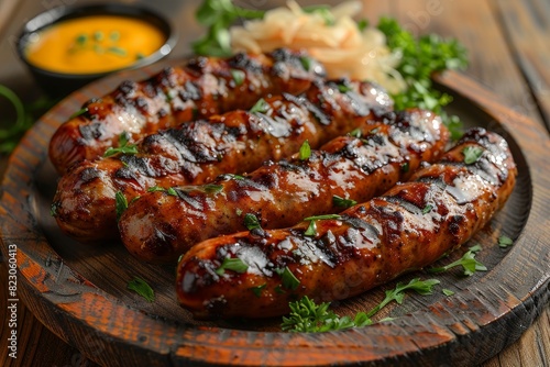 Bratwurst - Grilled sausages served with mustard and sauerkraut on a rustic wooden board.