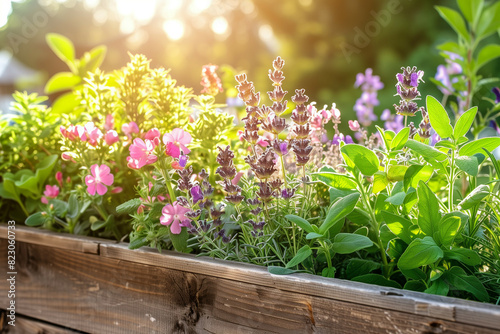 a wooden planter box filled with a vibrant selection of garden flowers bathed in sunlight. Various species including pink geraniums, purple lavender